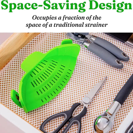 Kitchen Snap N Strain Pot Strainer and Pasta Strainer - Adjustable Silicone Clip On Strainer for Pots, Pans, and Bowls - Gray
