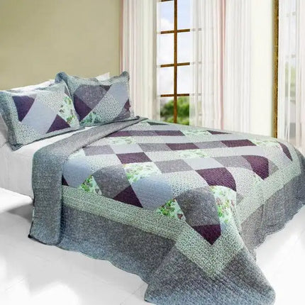 [Purple Memory] Cotton 3PC Vermicelli-Quilted Printed Quilt Set (Full/Queen Size)