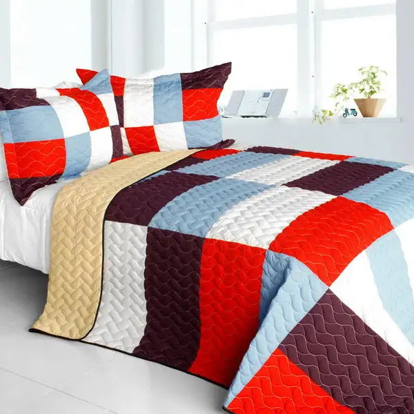 [Star Swings] Vermicelli-Quilted Patchwork Geometric Quilt Set Full/Queen