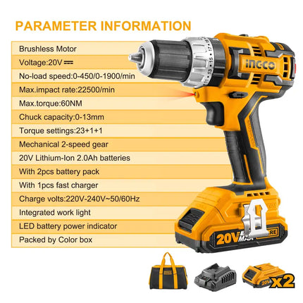 INGCO 20V Cordless Impact Drill, Power Electric Drill Tools Brushless Drill Driver 530 In-lbs 1/2" Keyless Chuck 2-Variable Speed with Battery and Charger CIDLI20608A1