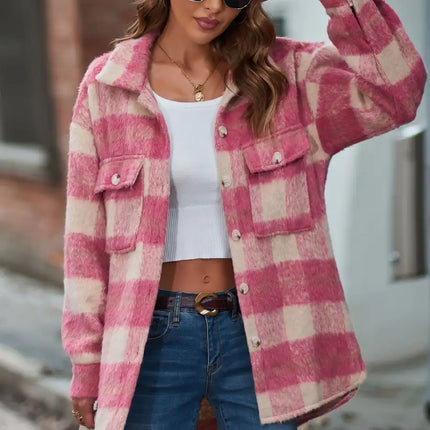 Women Fashion Plaid Mohair Coat Tweed Thick Jacket