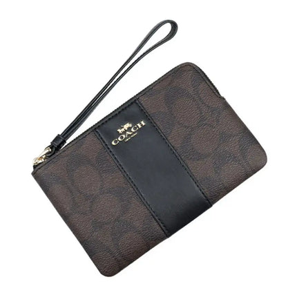 NEW Coach Brown Corner Zip Monogram Signature Canvas Wristlet Clutch Bag