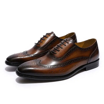 Zapatos de vestir clásicos Oxford estilo Brogue con punta de ala para hombre, zapatos formales de boda con cordones de cuero genuino negro y marrón para hombres