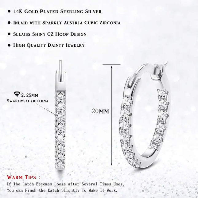 925 Sterling Silver Inside-Out Hoop Earrings Embellished with Austria Zirconia 14K Gold Plated Dainty Huggie Hoop Earrings for Women