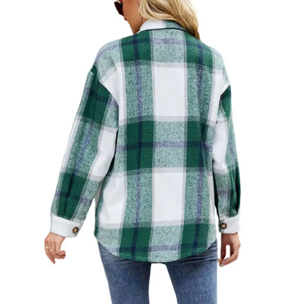 Womens Long Sleeve Plaid Shirts Flannel Lapel Button Down Shacket Jacket Coats
