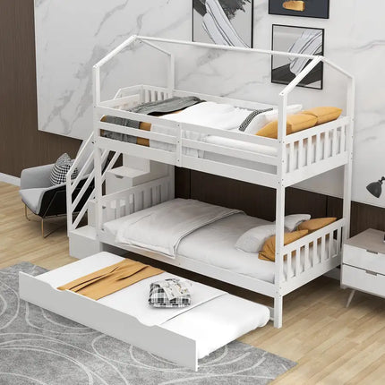 Multifunctional Twin over Twin House Bunk Bed with Staircase and Storage Space