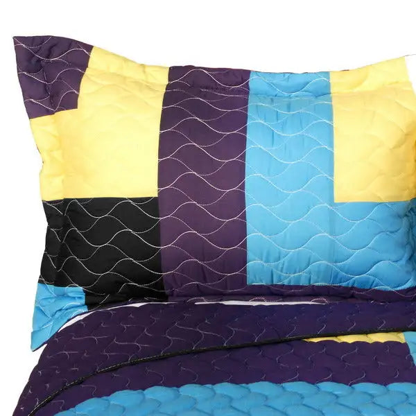 [Colors Quartet] 3PC Vermicelli-Quilted Patchwork Quilt Set (Full/Queen Size)