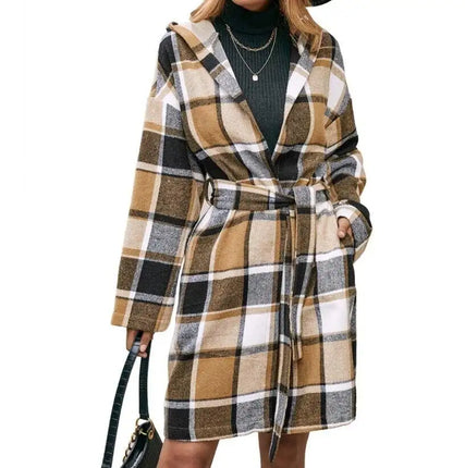 Flannel Plaid Belted Hooded Trench Coat