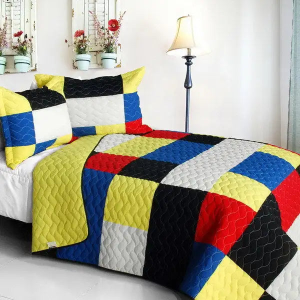 [Fantastic Beauty] Vermicelli-Quilted Patchwork Plaid Quilt Set Full/Queen