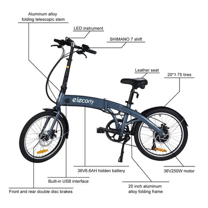 20 inch folding electric bicycle, classic black / grey blue, Shimano accessories, electric bicycles for adults