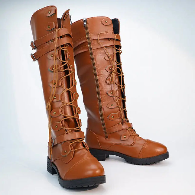 Botas hasta la rodilla para mujer, zapatos planos con cordones para otoño e invierno, zapatos sexis Steampunk de PU con hebilla Retro, botas de nieve para mujer