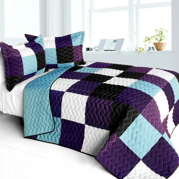 [Voilet Diamonds] 3PC Vermicelli-Quilted Patchwork Quilt Set (Full/Queen Size)