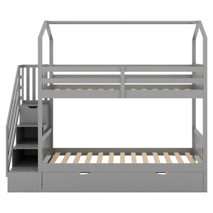 Multifunctional Twin over Twin House Bunk Bed with Staircase and Storage Space