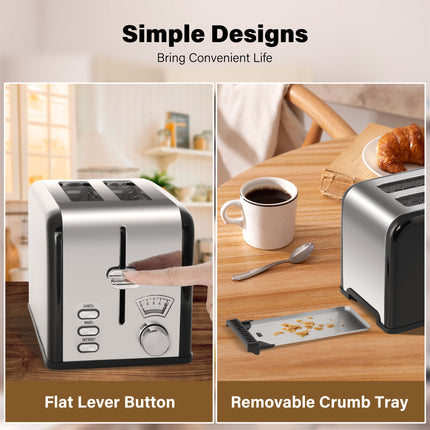 2-Slice Toaster with 1.5 inch Wide Slot, 5 Browning Setting and 3 Function: Bagel, Defrost & Cancel, Retro Stainless-Steel Style, Toast Bread Machine with Removable Crumb Tray, Black