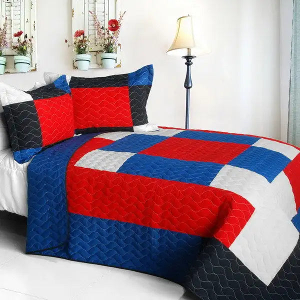 [Crazy Boxes - A] Vermicelli-Quilted Patchwork Geometric Quilt Set Full/Queen