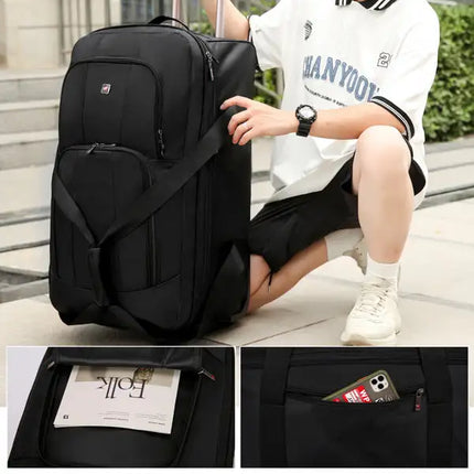 Bolsa de lona impermeable expandible con ruedas equipaje de mano maleta de mano unisex negro