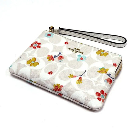 NEW Coach White Corner Zip Mystical Floral Print Monogram Signature Canvas Wristlet Clutch Bag