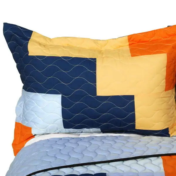 [Colorful Wave] Brand New Vermicelli-Quilted Patchwork Quilt Set Full/Queen