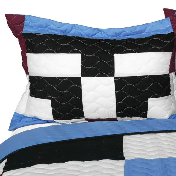 [Lazy Weekend Time] 3PC Vermicelli-Quilted Patchwork Quilt Set (Full/Queen Size)