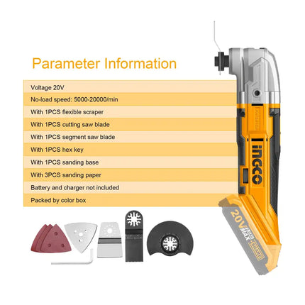 INGCO 20V Cordless DIY Oscillating Tool Kit with 8 PCS Accessory Kit (With Battery and Charger) CMLI2001A