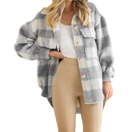 Women Fashion Plaid Mohair Coat Tweed Thick Jacket