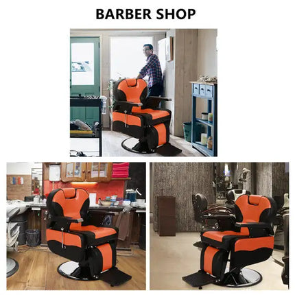 PVC Leather Cover; Wooden Armrest Shell; Iron Footrest; Disc With Footrest; Can Be Put Down 150kg; Barber Chair Orange