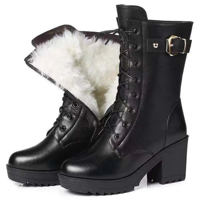 Botas de invierno de cuero para mujer, botas cálidas de lana gruesa, botas auténticas de tacón alto, botas de nieve femeninas de alta calidad, zapatos de mujer 2022