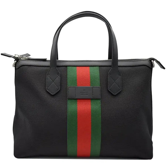 NEW Gucci Black Web Stripe Top Handle Canvas Tote Shoulder Bag