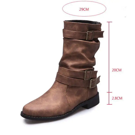 Women Leather Belt Buckle Rider Boots