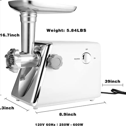 Picadora de carne eléctrica con kit de salchichas y kubbe; 3 placas de molinillo; potencia de 600 W; Blanco