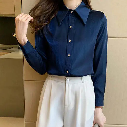 Korean Silk Women Shirts Satin Blouses Women Long Sleeve Shirts Tops