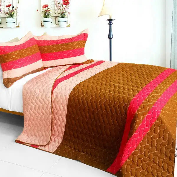 [Quiet Time] 3PC Vermicelli-Quilted Patchwork Quilt Set (Full/Queen Size)