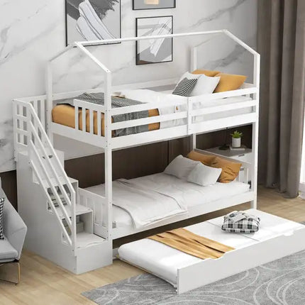 Multifunctional Twin over Twin House Bunk Bed with Staircase and Storage Space