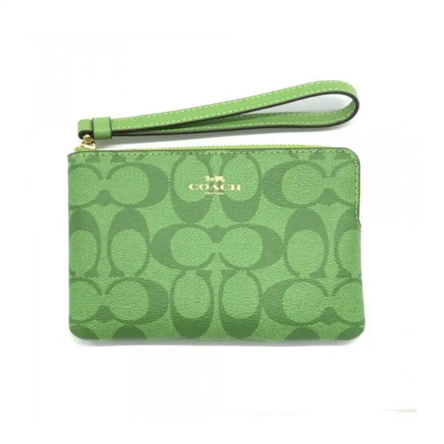 NEW Coach Green Corner Zip Wristlet Monogram Signature Canvas Pouch Clutch Bag