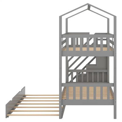 Multifunctional Twin over Twin House Bunk Bed with Staircase and Storage Space