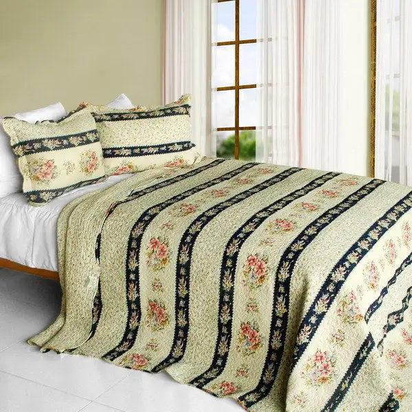 [Mother's Castle] 3PC Cotton Vermicelli-Quilted Printed Quilt Set (Full/Queen Size)