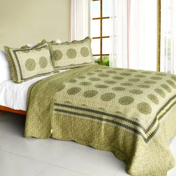 [Antique Beauty] Cotton 3PC Vermicelli-Quilted Polka Dot Patchwork Quilt Set (Full/Queen Size)