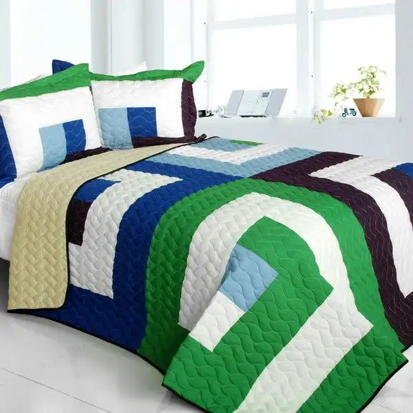 [Dizzy Sun] Vermicelli-Quilted Patchwork Geometric Quilt Set Full/Queen