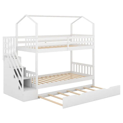 Multifunctional Twin over Twin House Bunk Bed with Staircase and Storage Space