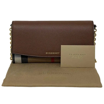 NEW Burberry Brown Henley House Check Leather Clutch Crossbody Bag