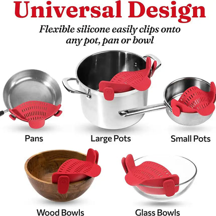 Kitchen Snap N Strain Pot Strainer and Pasta Strainer - Adjustable Silicone Clip On Strainer for Pots, Pans, and Bowls - Gray
