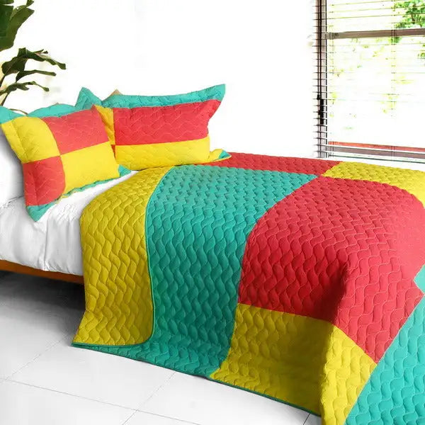 [Waiting for Amore] 3PC Vermicelli-Quilted Patchwork Quilt Set (Full/Queen Size)