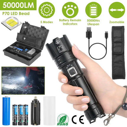 Tactical LED Flashlight Zoomable Rechargeable Search Light Torch - Vickie Lynn's