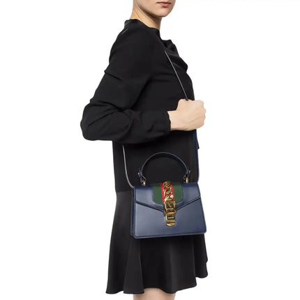 NEW Gucci Blue Sylvie Top Handle Leather Crossbody Shoulder Bag