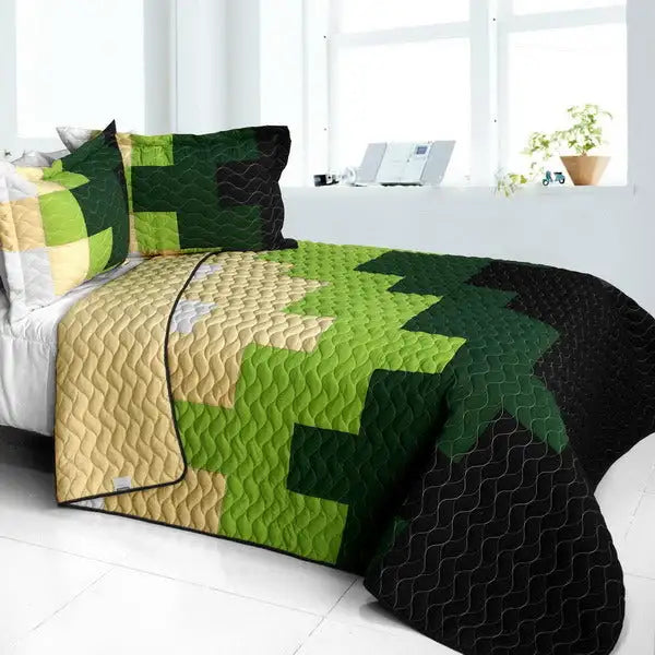 [Evergreen Tree] Brand New Vermicelli-Quilted Patchwork Quilt Set Full/Queen