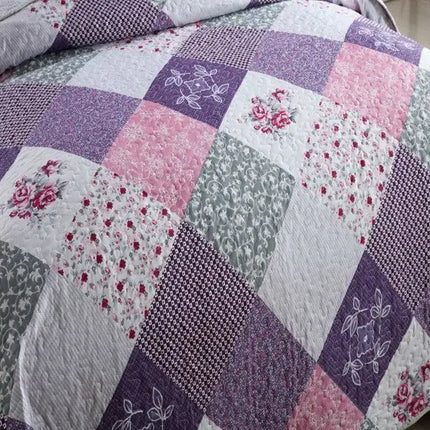 King Quilt Bedding Set 3-Piece Super Soft Microfiber Reversible Purple Quilt King Size; Lavender Little Rose Purple Quilt Bedspreads with 2 Pillowcase; 98x106 Inch