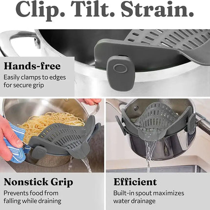 Kitchen Snap N Strain Pot Strainer and Pasta Strainer - Adjustable Silicone Clip On Strainer for Pots, Pans, and Bowls - Gray