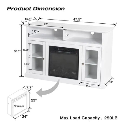 Modern Electric Fireplace TV Stand, Fit up to 55" Flat Screen TV with 2 Tempered Glass Storage Cabinet and Adjustable Shelves