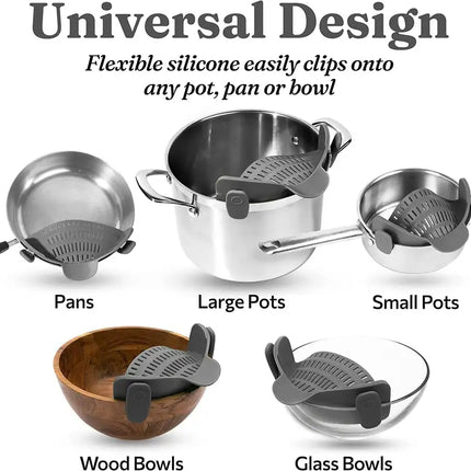 Kitchen Snap N Strain Pot Strainer and Pasta Strainer - Adjustable Silicone Clip On Strainer for Pots, Pans, and Bowls - Gray