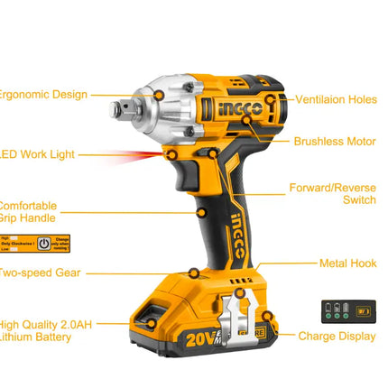 INGCO 20V Cordless Impact Wrench Set;  Brushless 1/2 Inch Impact Wrench 300NM with 2 PCS Batteries;  1 Hour Fast Charger;  3pcs Sockets CIWLI2001A